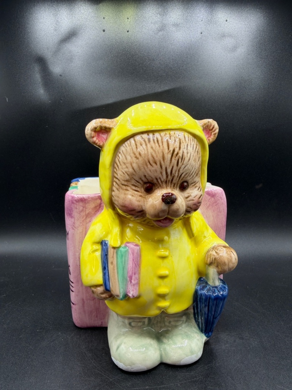 Vintage Yellow Teddy Bear Ceramic Planter with Blue Umbrella